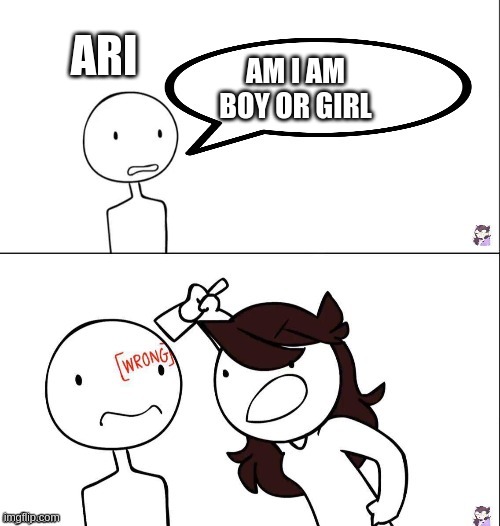 Jaiden animation wrong | AM I AM BOY OR GIRL; ARI | image tagged in jaiden animation wrong | made w/ Imgflip meme maker