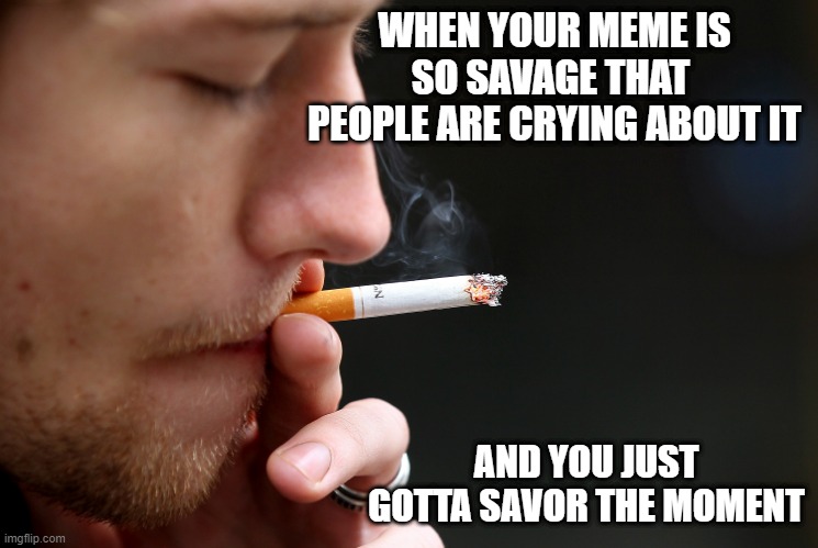 WHEN YOUR MEME IS SO SAVAGE THAT  PEOPLE ARE CRYING ABOUT IT; AND YOU JUST GOTTA SAVOR THE MOMENT | image tagged in savage,offended,enjoy,stupid liberals | made w/ Imgflip meme maker