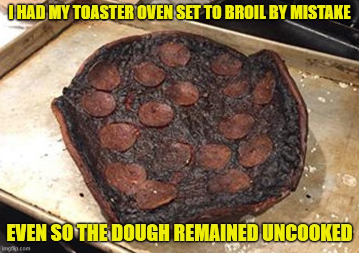 Not my picture but true story. | I HAD MY TOASTER OVEN SET TO BROIL BY MISTAKE; EVEN SO THE DOUGH REMAINED UNCOOKED | image tagged in memes,pizza,burnt,broiler,raw dough | made w/ Imgflip meme maker