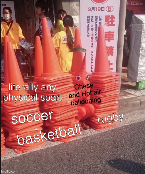 they're still great games. | literally any physical sport; Chess and Hot air ballooning; soccer; rugby; basketball | image tagged in sport,chess,man hiding in traffic cones | made w/ Imgflip meme maker