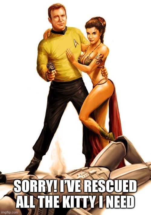 Kirk to the rescue | SORRY! I’VE RESCUED ALL THE KITTY I NEED | image tagged in kirk to the rescue | made w/ Imgflip meme maker