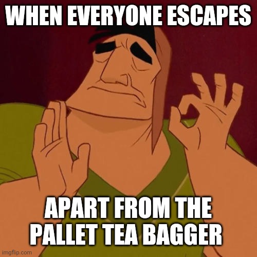 When X just right | WHEN EVERYONE ESCAPES; APART FROM THE PALLET TEA BAGGER | image tagged in when x just right | made w/ Imgflip meme maker