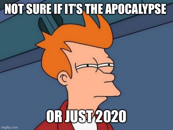 Futurama Fry | NOT SURE IF IT’S THE APOCALYPSE; OR JUST 2020 | image tagged in memes,futurama fry | made w/ Imgflip meme maker