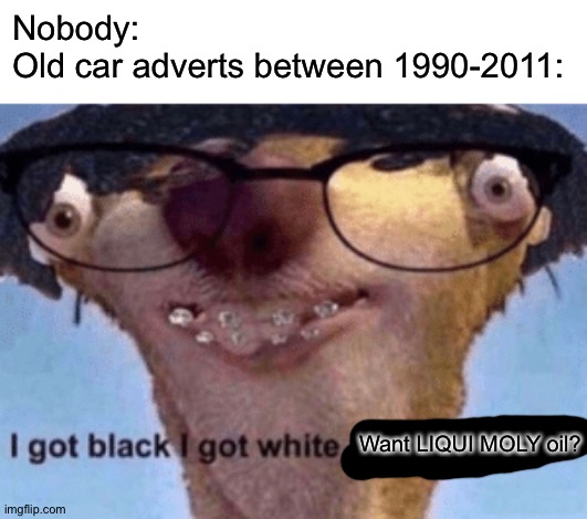 Yes please | Nobody:
Old car adverts between 1990-2011:; Want LIQUI MOLY oil? | image tagged in i got black i got white what ya want | made w/ Imgflip meme maker