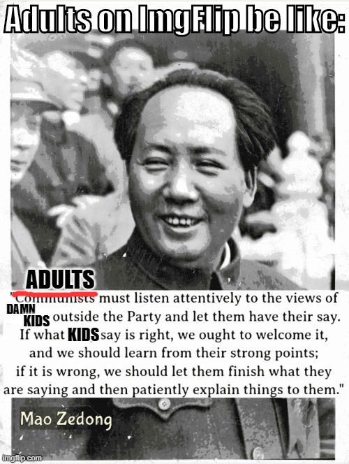 Damn adults at least studied their history. | Adults on ImgFlip be like:; ADULTS; DAMN; KIDS; KIDS | image tagged in damn,adults,mao zedong,imgflip mods,imgflip,communist | made w/ Imgflip meme maker