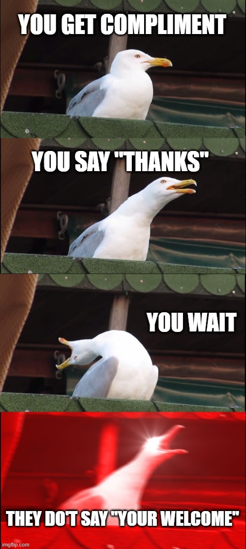 Peace was never an option | YOU GET COMPLIMENT; YOU SAY "THANKS"; YOU WAIT; THEY DO'T SAY "YOUR WELCOME" | image tagged in memes,inhaling seagull | made w/ Imgflip meme maker