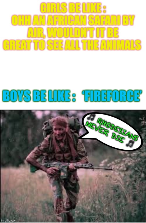 GIRLS BE LIKE : OHH AN AFRICAN SAFARI BY AIR, WOULDN’T IT BE GREAT TO SEE ALL THE ANIMALS BOYS BE LIKE :   ‘FIREFORCE’ ? RHODESIANS NEVER DI | image tagged in blank white template | made w/ Imgflip meme maker