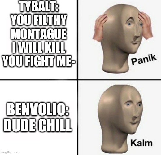 Romeo & Juliet: Scene 1 Act One Meme | TYBALT: YOU FILTHY MONTAGUE I WILL KILL YOU FIGHT ME-; BENVOLIO: DUDE CHILL | image tagged in panik kalm | made w/ Imgflip meme maker
