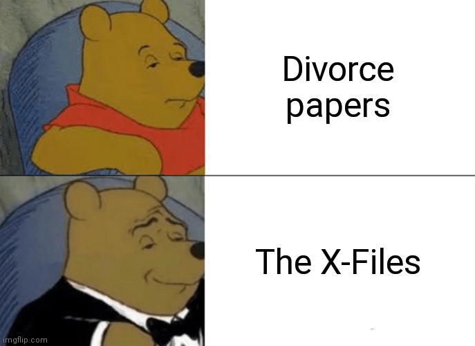 Divorce Winnie the Pooh | Divorce papers; The X-Files | image tagged in memes,tuxedo winnie the pooh | made w/ Imgflip meme maker