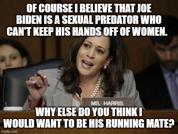 Ummm... what? | OF COURSE I BELIEVE THAT JOE BIDEN IS A SEXUAL PREDATOR WHO CAN'T KEEP HIS HANDS OFF OF WOMEN. WHY ELSE DO YOU THINK I WOULD WANT TO BE HIS RUNNING MATE? | image tagged in kamala harris,joe biden,vice president,election 2020,democrats | made w/ Imgflip meme maker