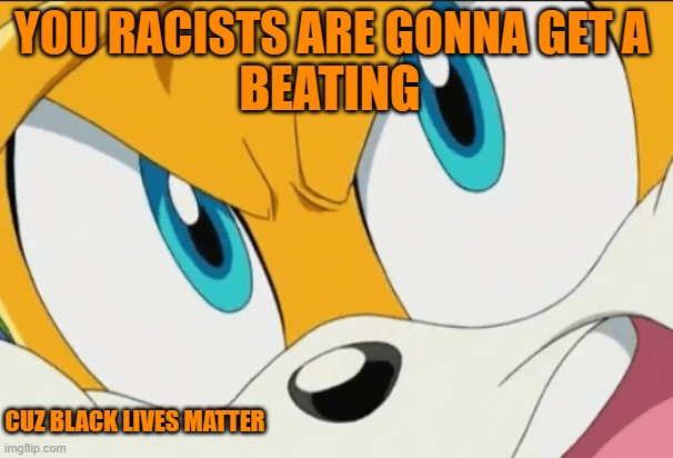 Shouting Tails | BEATING; YOU RACISTS ARE GONNA GET A; CUZ BLACK LIVES MATTER | made w/ Imgflip meme maker