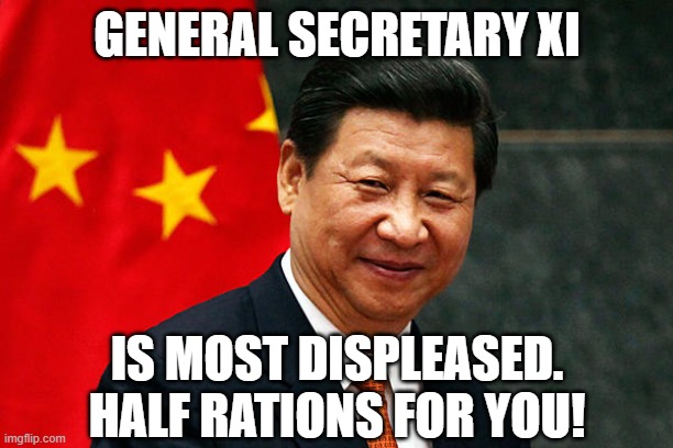 Xi Jinping | GENERAL SECRETARY XI IS MOST DISPLEASED.
HALF RATIONS FOR YOU! | image tagged in xi jinping | made w/ Imgflip meme maker