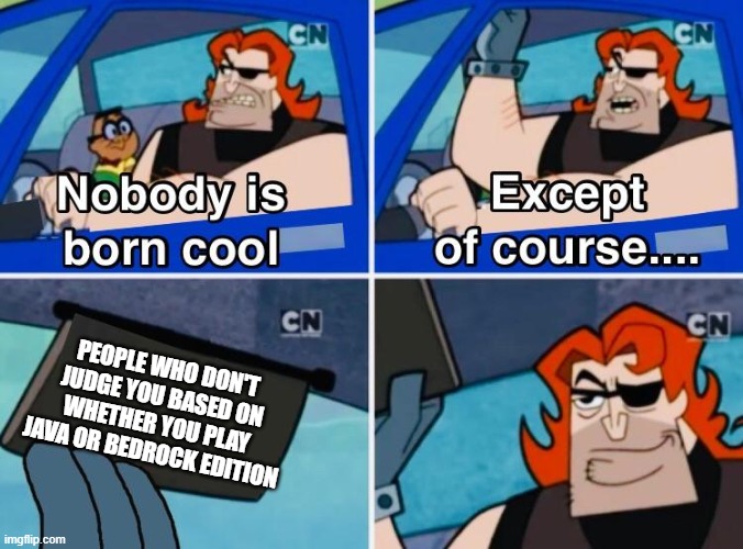 I play Bedrock Edition and that is nothing to be ashamed of. | PEOPLE WHO DON'T JUDGE YOU BASED ON WHETHER YOU PLAY JAVA OR BEDROCK EDITION | image tagged in nobody is born cool | made w/ Imgflip meme maker