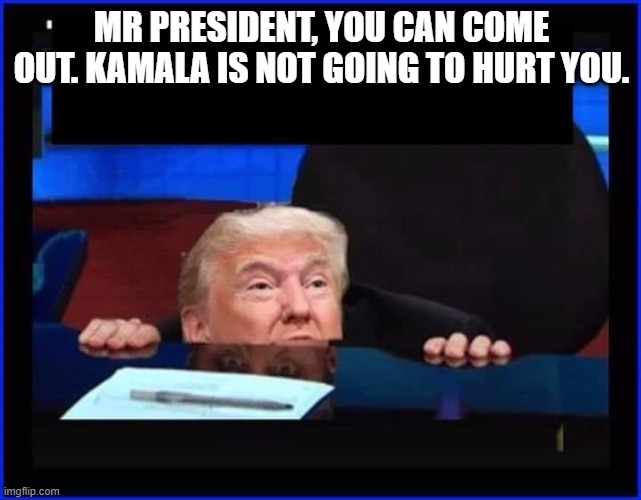 That moment when trump  found out Biden had picked Kamala | MR PRESIDENT, YOU CAN COME OUT. KAMALA IS NOT GOING TO HURT YOU. | image tagged in trump | made w/ Imgflip meme maker