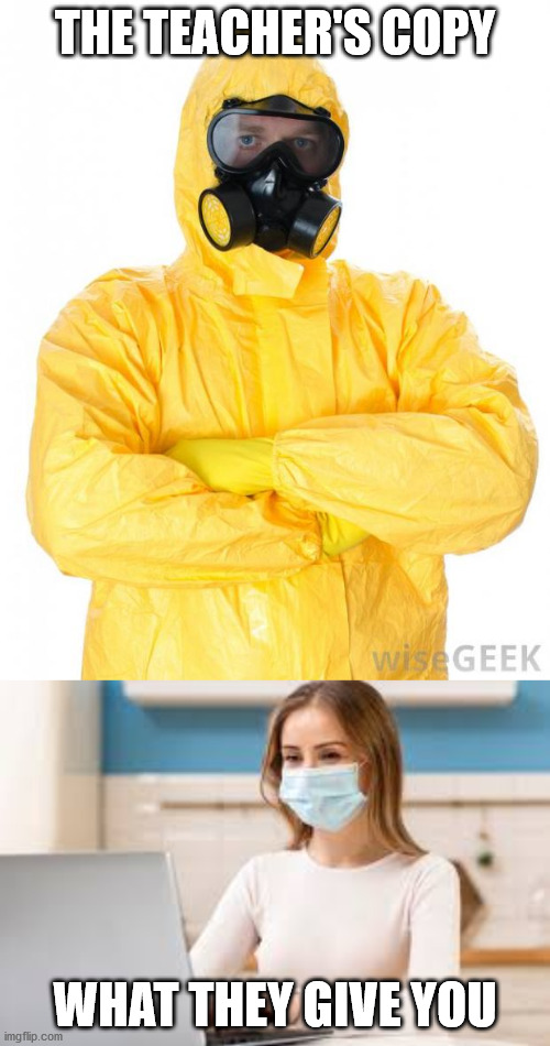 THE TEACHER'S COPY; WHAT THEY GIVE YOU | image tagged in hazmat,woman at home wearing mask | made w/ Imgflip meme maker
