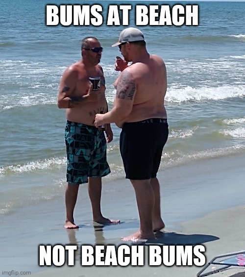 Beach bums | BUMS AT BEACH; NOT BEACH BUMS | image tagged in bums,beach,hoods,beer,smoking | made w/ Imgflip meme maker