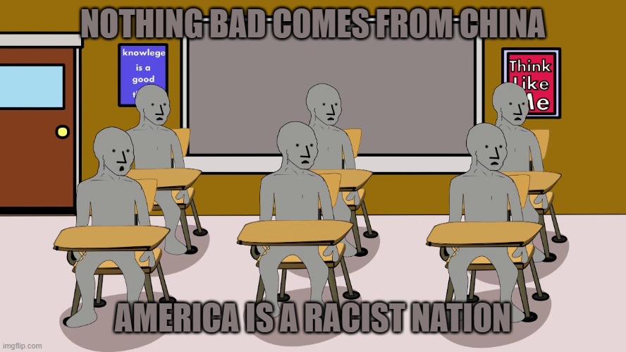 NOTHING BAD COMES FROM CHINA AMERICA IS A RACIST NATION | image tagged in npc university | made w/ Imgflip meme maker