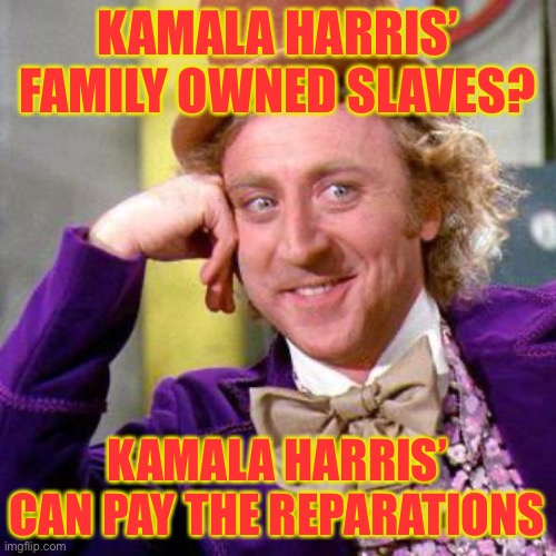 Reparations | KAMALA HARRIS’ FAMILY OWNED SLAVES? KAMALA HARRIS’ CAN PAY THE REPARATIONS | image tagged in willy wonka blank,kamala harris,slaves | made w/ Imgflip meme maker