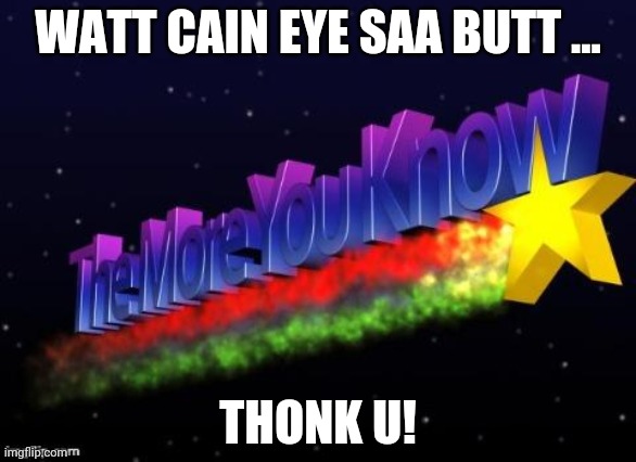 the more you know | WATT CAIN EYE SAA BUTT ... THONK U! | image tagged in the more you know | made w/ Imgflip meme maker