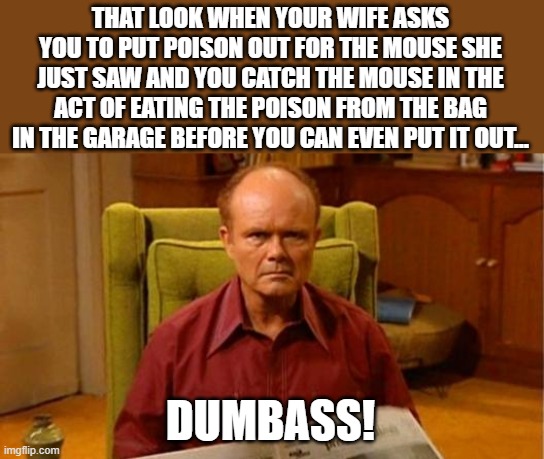 Just happened last night, true story...dumbest mouse ever but made my job easier, so I got that goin for me, which is nice. | THAT LOOK WHEN YOUR WIFE ASKS YOU TO PUT POISON OUT FOR THE MOUSE SHE JUST SAW AND YOU CATCH THE MOUSE IN THE ACT OF EATING THE POISON FROM THE BAG IN THE GARAGE BEFORE YOU CAN EVEN PUT IT OUT... DUMBASS! | image tagged in red forman dumbass,so i got that goin for me which is nice,how to kill with mickey mouse | made w/ Imgflip meme maker