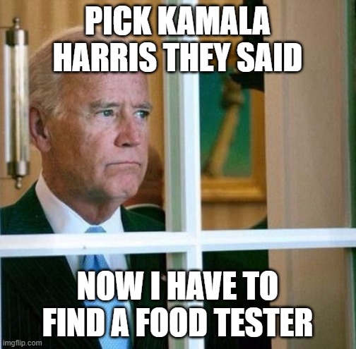 Sad Joe Biden | PICK KAMALA HARRIS THEY SAID; NOW I HAVE TO FIND A FOOD TESTER | image tagged in sad joe biden | made w/ Imgflip meme maker