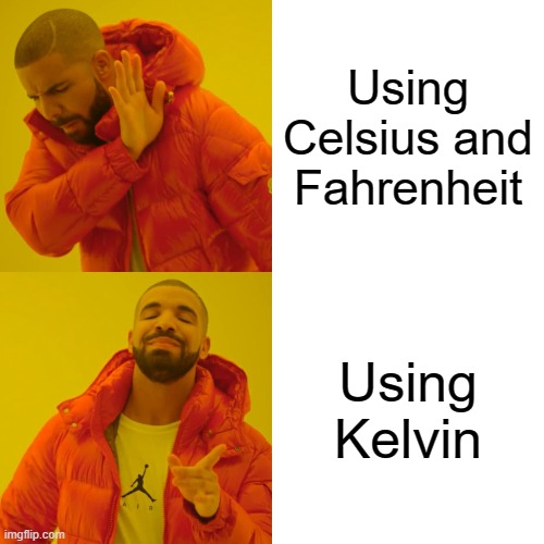 Kelvin Drake | Using Celsius and Fahrenheit; Using Kelvin | image tagged in memes,drake hotline bling | made w/ Imgflip meme maker