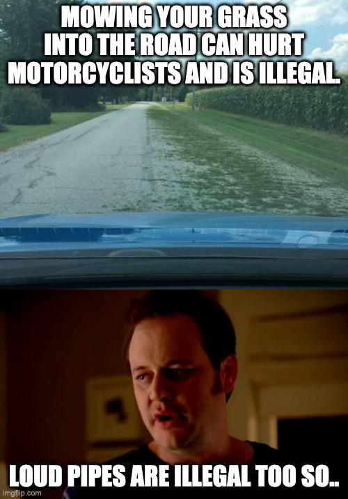 MOWING YOUR GRASS INTO THE ROAD CAN HURT MOTORCYCLISTS AND IS ILLEGAL. LOUD PIPES ARE ILLEGAL TOO SO.. | image tagged in jake from state farm | made w/ Imgflip meme maker
