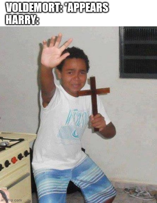 Harry ssscared | VOLDEMORT: *APPEARS
HARRY: | image tagged in kid with cross,harry potter | made w/ Imgflip meme maker
