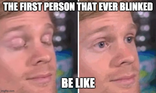 White guy blinking | THE FIRST PERSON THAT EVER BLINKED; BE LIKE | image tagged in white guy blinking | made w/ Imgflip meme maker