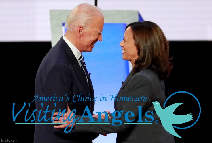 "Are you sure you're black? I don't want to screw this up a third time." | image tagged in joe biden,kamala harris,visiting angels | made w/ Imgflip meme maker