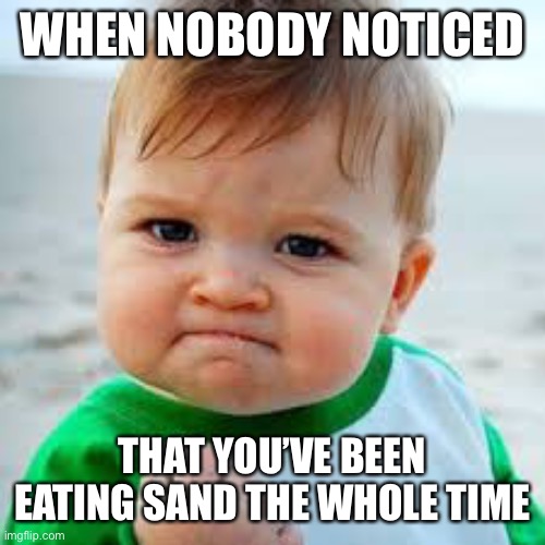 sucsess kid | WHEN NOBODY NOTICED; THAT YOU’VE BEEN EATING SAND THE WHOLE TIME | image tagged in sucsess kid | made w/ Imgflip meme maker