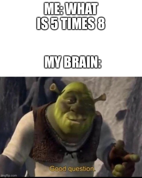Good question shrek | ME: WHAT IS 5 TIMES 8; MY BRAIN: | image tagged in shrek | made w/ Imgflip meme maker