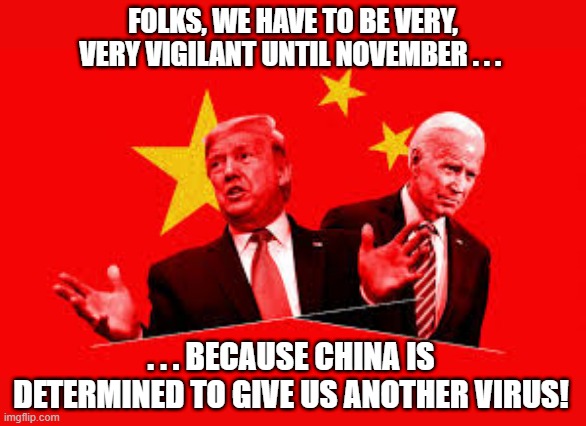 Trump with Joe loves China | FOLKS, WE HAVE TO BE VERY, VERY VIGILANT UNTIL NOVEMBER . . . . . . BECAUSE CHINA IS DETERMINED TO GIVE US ANOTHER VIRUS! | image tagged in political meme,donald trump,joe biden,election fraud,china virus,election 2020 | made w/ Imgflip meme maker