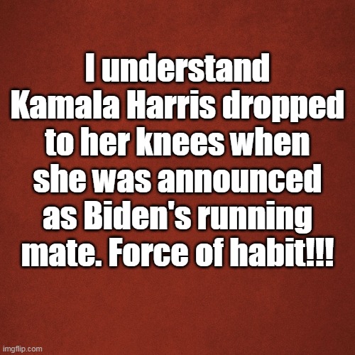 Force of habit | I understand Kamala Harris dropped to her knees when she was announced as Biden's running mate. Force of habit!!! | image tagged in blank red background | made w/ Imgflip meme maker