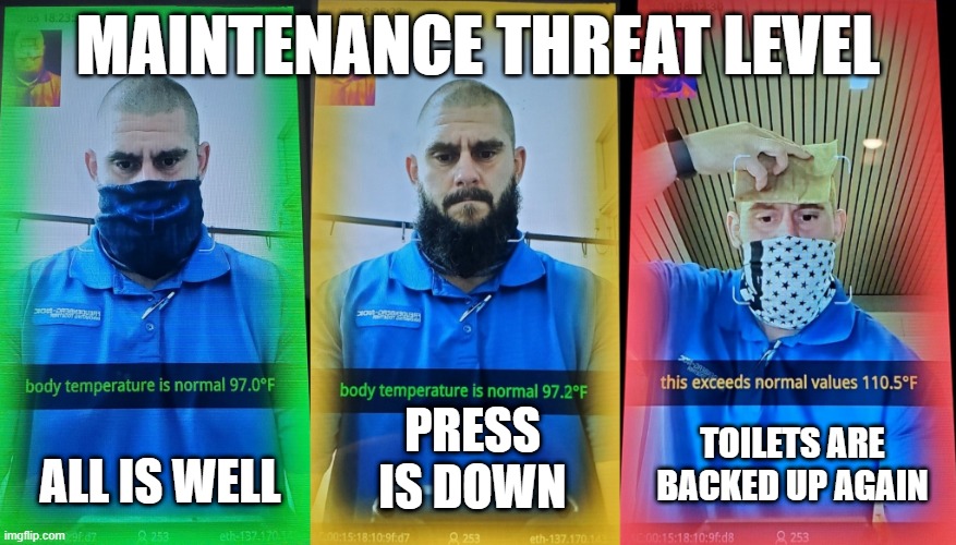 Maintenance Threat Level | MAINTENANCE THREAT LEVEL; PRESS IS DOWN; ALL IS WELL; TOILETS ARE BACKED UP AGAIN | image tagged in work | made w/ Imgflip meme maker
