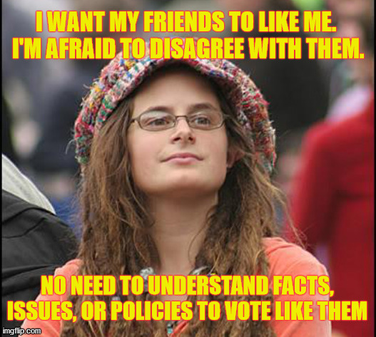 Ignorant, insecure people vote based on what they think their friends like | I WANT MY FRIENDS TO LIKE ME.  I'M AFRAID TO DISAGREE WITH THEM. NO NEED TO UNDERSTAND FACTS, ISSUES, OR POLICIES TO VOTE LIKE THEM | image tagged in fake news,college liberal,liberals,progressives,friends | made w/ Imgflip meme maker