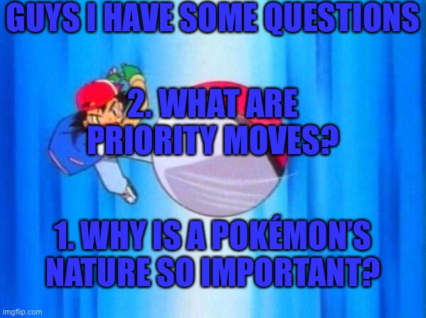 I choose you! | GUYS I HAVE SOME QUESTIONS; 2. WHAT ARE PRIORITY MOVES? 1. WHY IS A POKÉMON’S NATURE SO IMPORTANT? | image tagged in i choose you | made w/ Imgflip meme maker