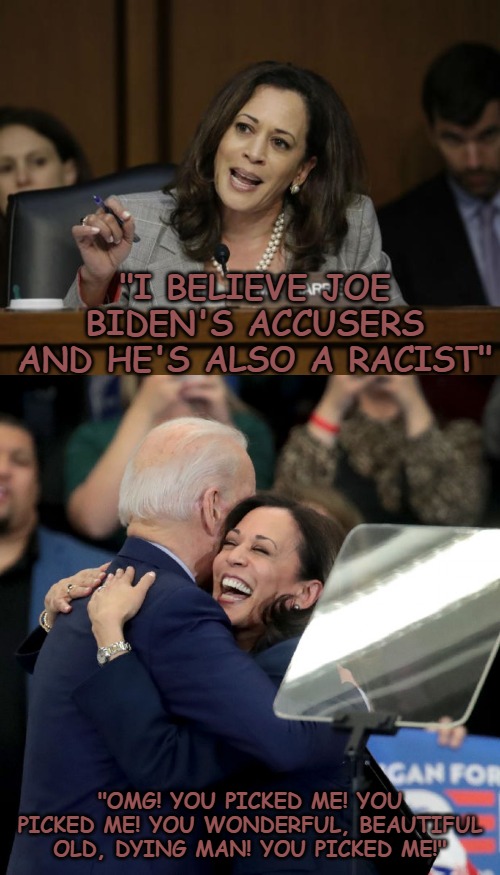 Kamala Harris: A manipulative, disgusting, opportunist who will do anything to get ahead. Almost guaranteeing a Trump/Pence win. | "I BELIEVE JOE BIDEN'S ACCUSERS AND HE'S ALSO A RACIST"; "OMG! YOU PICKED ME! YOU PICKED ME! YOU WONDERFUL, BEAUTIFUL OLD, DYING MAN! YOU PICKED ME!" | image tagged in kamala harris,joe biden kamala harris | made w/ Imgflip meme maker