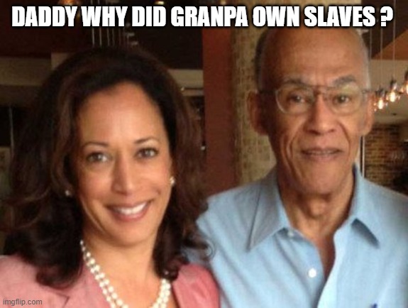 KAMALA | DADDY WHY DID GRANPA OWN SLAVES ? | image tagged in slavery | made w/ Imgflip meme maker