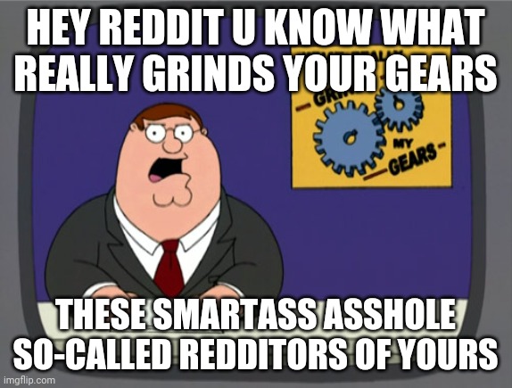 Peter Griffin News | HEY REDDIT U KNOW WHAT REALLY GRINDS YOUR GEARS; THESE SMARTASS ASSHOLE SO-CALLED REDDITORS OF YOURS | image tagged in memes,peter griffin news,reddit,savage memes,scumbag redditor,dank memes | made w/ Imgflip meme maker