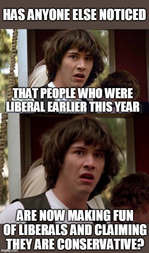 PEOPLE AT WORK, ON HERE AND EVEN SOME OF MY COUSINS HAVE SUDDENLY FLIP FLOPPED ON THE DEMS | HAS ANYONE ELSE NOTICED; THAT PEOPLE WHO WERE LIBERAL EARLIER THIS YEAR; ARE NOW MAKING FUN OF LIBERALS AND CLAIMING THEY ARE CONSERVATIVE? | image tagged in liberal logic,liberals,democrats | made w/ Imgflip meme maker