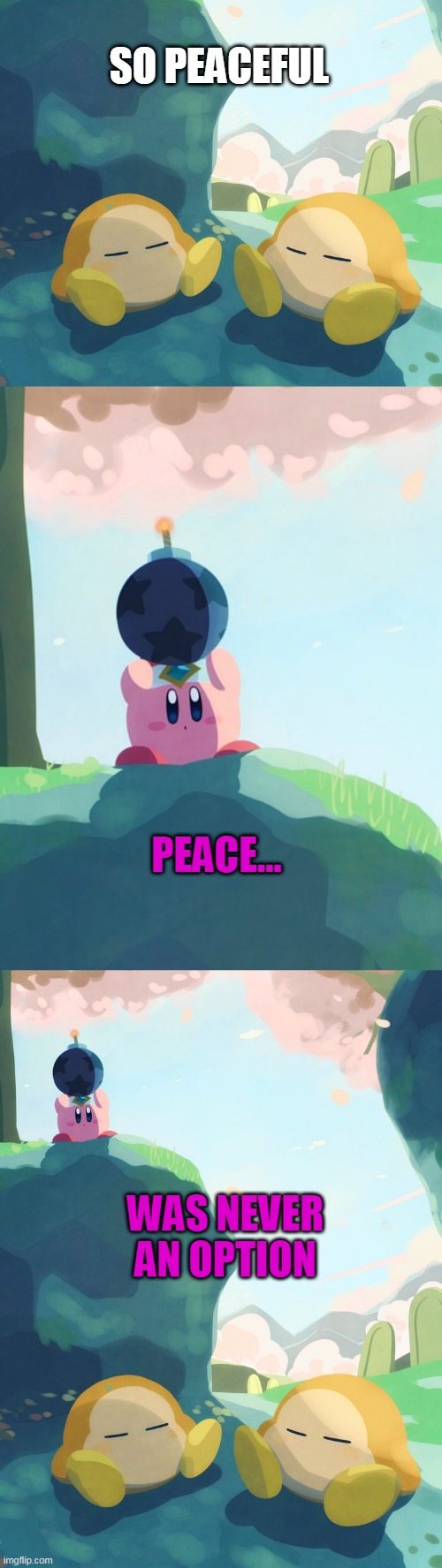 WHY KIRBY? | SO PEACEFUL; PEACE... WAS NEVER AN OPTION | image tagged in memes,kirby,untitled goose peace was never an option,pissed off kirby | made w/ Imgflip meme maker