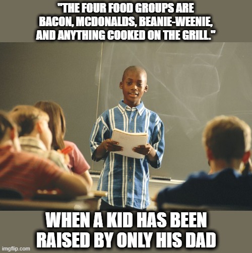 True story. | "THE FOUR FOOD GROUPS ARE BACON, MCDONALDS, BEANIE-WEENIE, AND ANYTHING COOKED ON THE GRILL."; WHEN A KID HAS BEEN RAISED BY ONLY HIS DAD | image tagged in memes,kid raised by dad,bacon,mcdonalds,beanie weenie,grill | made w/ Imgflip meme maker