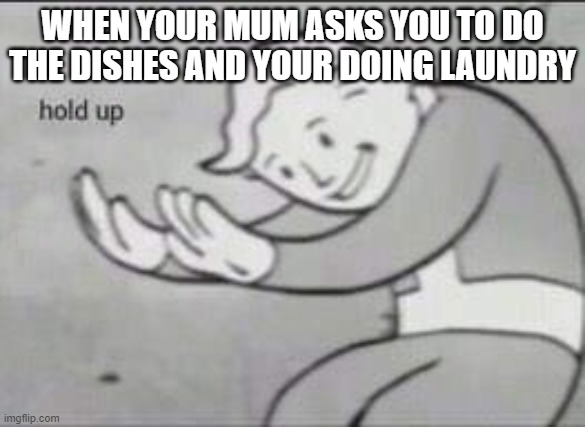 Fallout Hold Up | WHEN YOUR MUM ASKS YOU TO DO THE DISHES AND YOUR DOING LAUNDRY | image tagged in fallout hold up | made w/ Imgflip meme maker