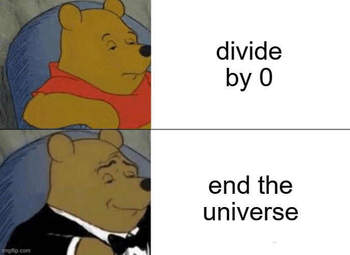 Tuxedo Winnie The Pooh | divide by 0; end the universe | image tagged in memes,tuxedo winnie the pooh | made w/ Imgflip meme maker