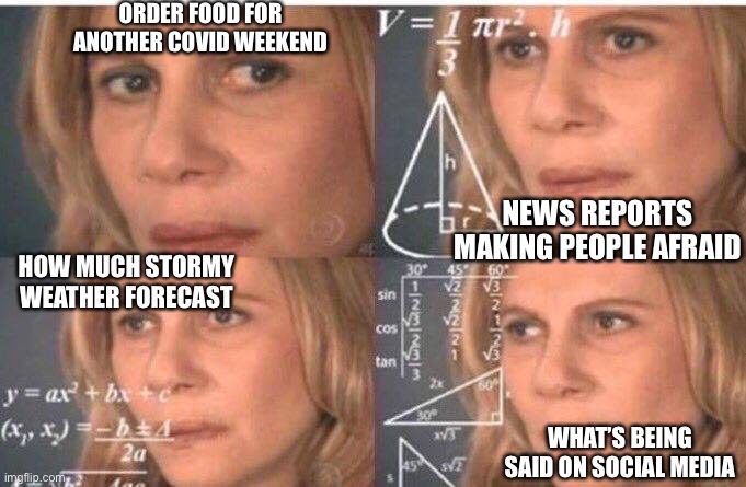 Kitchen manager food ordering algorithm | ORDER FOOD FOR ANOTHER COVID WEEKEND; NEWS REPORTS MAKING PEOPLE AFRAID; HOW MUCH STORMY WEATHER FORECAST; WHAT’S BEING SAID ON SOCIAL MEDIA | image tagged in math lady/confused lady,restaurant,covid-19,chef,memes | made w/ Imgflip meme maker