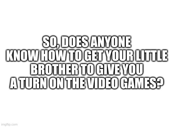 Seriously though... | SO, DOES ANYONE KNOW HOW TO GET YOUR LITTLE BROTHER TO GIVE YOU A TURN ON THE VIDEO GAMES? | image tagged in blank white template | made w/ Imgflip meme maker