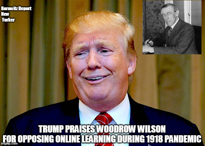 Trump and Wilson | Borowitz Report    
New  Yorker; TRUMP PRAISES WOODROW WILSON FOR OPPOSING ONLINE LEARNING DURING 1918 PANDEMIC | image tagged in donald trump | made w/ Imgflip meme maker