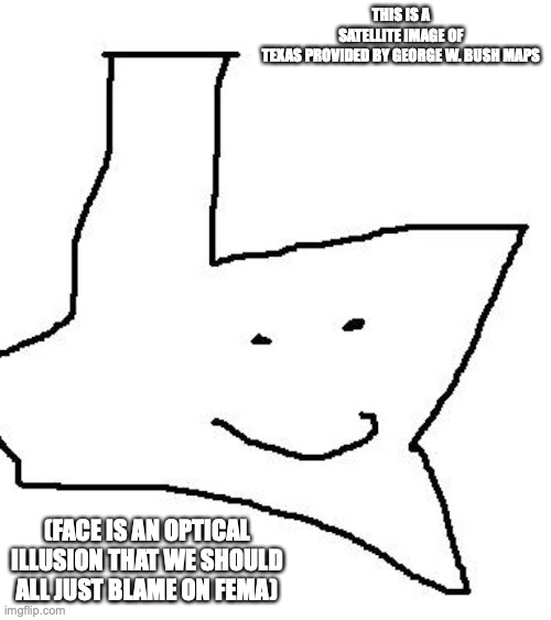 Texas | THIS IS A SATELLITE IMAGE OF TEXAS PROVIDED BY GEORGE W. BUSH MAPS; (FACE IS AN OPTICAL ILLUSION THAT WE SHOULD ALL JUST BLAME ON FEMA) | image tagged in texas,memes | made w/ Imgflip meme maker