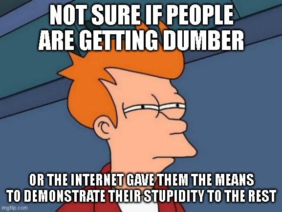 Hope you feel like I do. | NOT SURE IF PEOPLE ARE GETTING DUMBER; OR THE INTERNET GAVE THEM THE MEANS TO DEMONSTRATE THEIR STUPIDITY TO THE REST | image tagged in memes,futurama fry | made w/ Imgflip meme maker